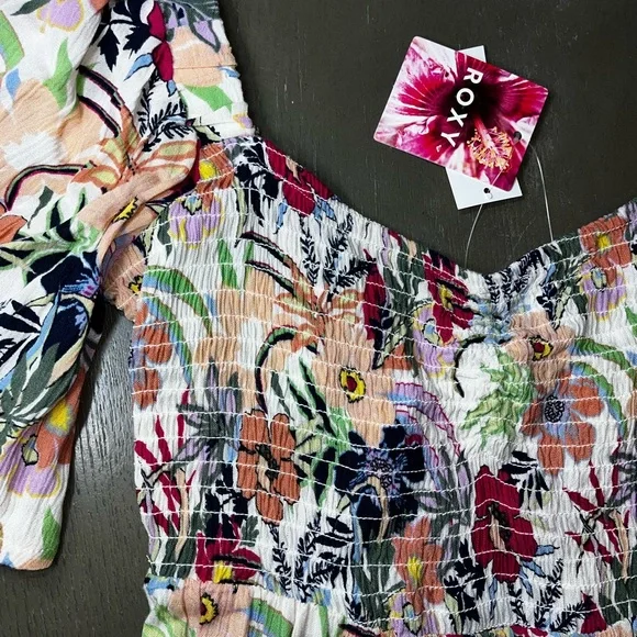 Roxy Golden Dawn White Pink Green Floral Sundress Smocked Ladies Large NWT - Picture 6 of 10
